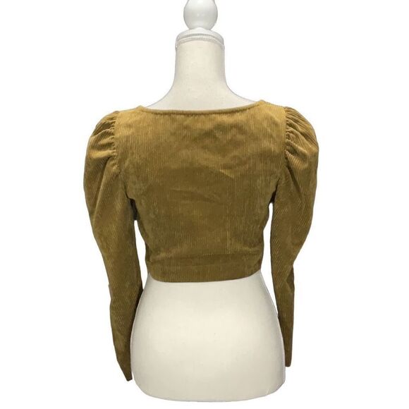 NWT Zara Gold Corduroy Cropped Button Front Long Peasant Sleeve Top Size XS - Picture 3 of 6